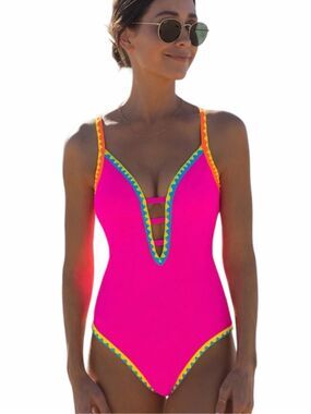 POPVIL Shell Trim Hot Pink Plunge Strappy Tie Back One Piece Swimsuit Large